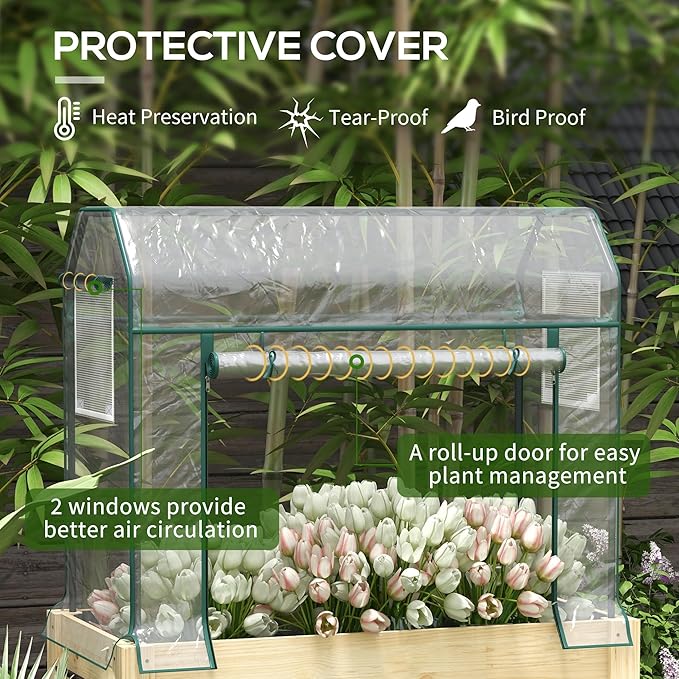 Outsunny Raised Garden Bed with Plastic Greenhouse Cover and Bed Liner Outdoor Elevated Wood Planter Box for Herbs and Vegetables Use for Patio Backyard Balcony 45 x 24 x 65 inch Natural