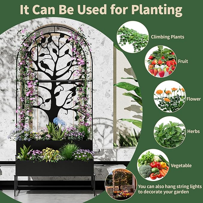 Arched Outdoor Planter Box with Trellis Set of 2 for Climbing Plants 2 Tiers Metal Privacy Planters for Patio Raised Garden Bed with Legs for Vegetables Balcony 75.2 x 22 x 34.6 Inch 2PCS Black