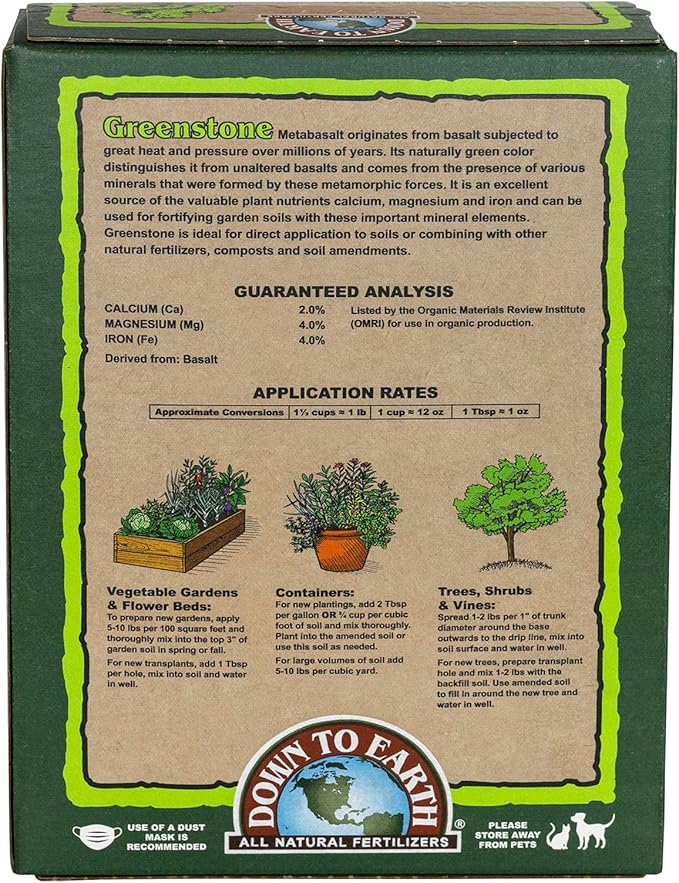 Down To Earth All Natural Fertilizers Organic Greenstone Metabasalt - Soil Amendment with Trace Minerals Iron Calcium Magnesium 5 lb