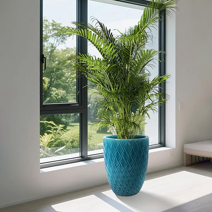 Handmade Teal Cyan Ceramic Flower Pot 16.54 W x 21.26 H Large Planter for Indoor Outdoor Potted Plants Flowers by Front Door Breathable Clay with Drainage