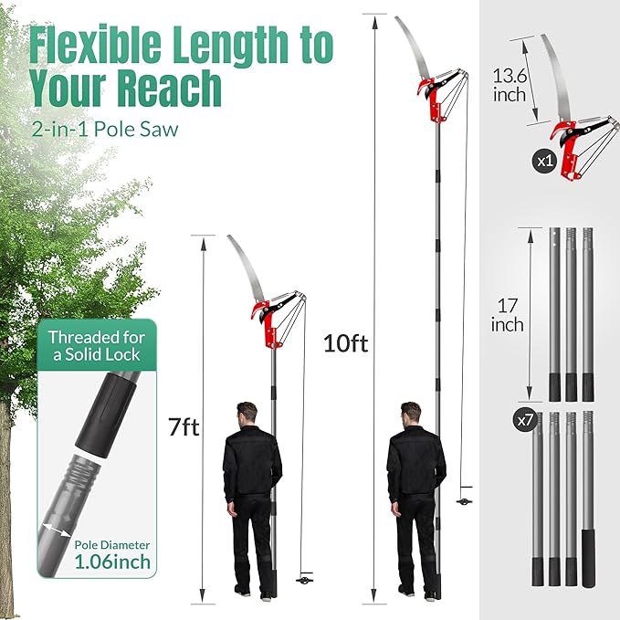 Suchtale 10FT Pole Saw for Tree Trimming Manual Tree Pruner with Steel Blade &amp Scissors Long Handle Branch Cutter Pole Extendable Limb Trimmer for High Branches Yard Garden Pruning Saw