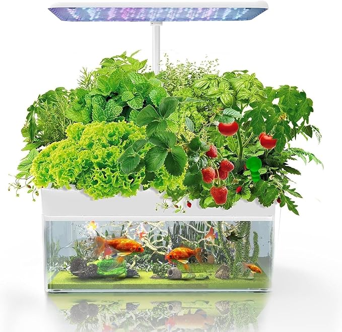 Hydroponics Growing System Fish Tank 12 Pods Indoor Herb Garden System with LED Light 3 Growing Modes Adjustable Height for Home Kitchen Office