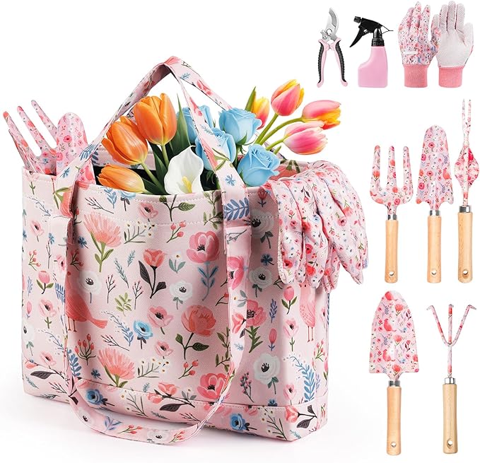 Gardening Tools 10-Piece Gardening Gift Set for Women Rust-Proof &amp Heavy-Duty Tools with Floral Organizer Bag Fashionable &amp Thoughtful Gift for Garden Women (Pink)