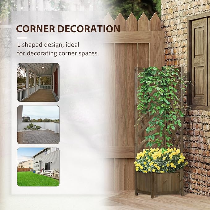 Outsunny Wooden Raised Garden Bed with Trellis 57 Freestanding Corner Planter Box for Vine Plants Flowers Climbing and Planting Carbonized