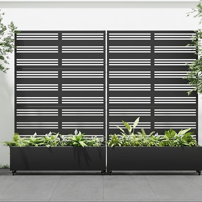 Casaphoria 72x47 Metal Raised Garden Bed with Trellis(2 Pack) Outdoor Planter Box with Wheels &amp Drainage Holes for Climbing Plants Flowers Elevated Garden Kit with Privacy Screen Black-Harol