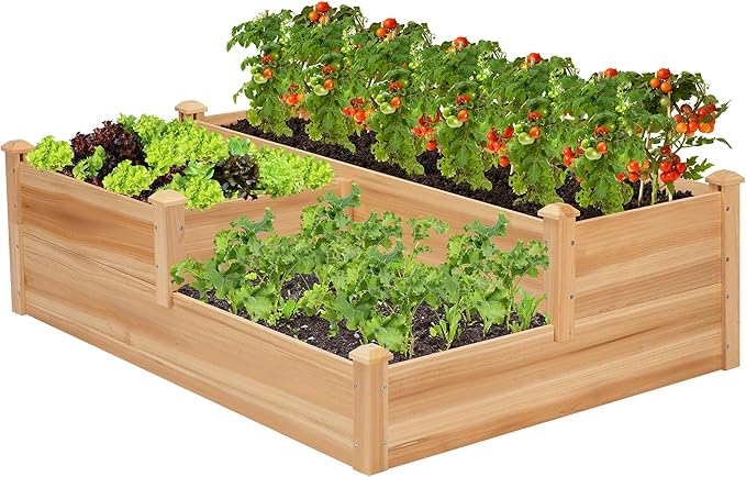 VIVOSUN 3-Tier 3-Grid Wooden Raised Garden Bed 42.5 x 34.5 x 15 Inches Outdoor Elevated Wood Planter Box with Screwdriver for Gardens Patios Backyards Balcony and Outdoors