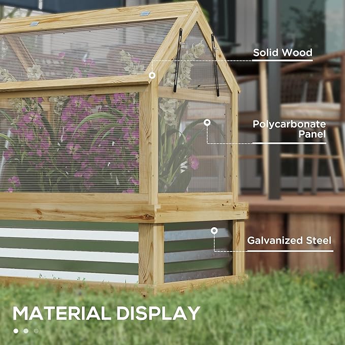 Raised Garden Bed with Polycarbonate Greenhouse Wooden Cold e Greenhouse GFlower Planter Protection Peak Roof 35.5 x 22.5 x 38.25 Natural