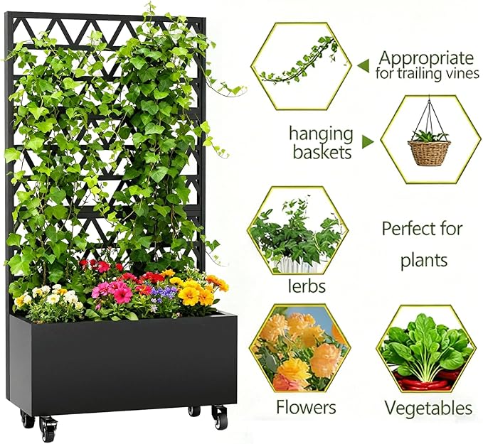Metal Planter Box with Trellis 73-Inch Tall Raised Garden Bed with Wheels Privacy Screen Planter for Climbing Plants Vegetables &amp Vines Galvanized Steel Outdoor Privacy Shield Black (Square-1