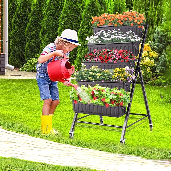 SEJOV 4FT Vertical Raised Garden Bed 5-Tier Vertical Garden Planter with Drainage System Larger Elevated Planter Box for Herb Vegetables Flowers Indoor Outdoor Planters (Black with Lockable Wheels)
