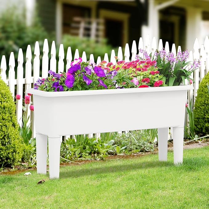 MAT EXPERT Raised Garden Bed Set of 2 Outdoor Planter Bed with Removable Legs &amp Drainage Holes for Herbs Flowers Fruit Planter Box for Patio Garden Backyard &amp Patio (Greyish-White)