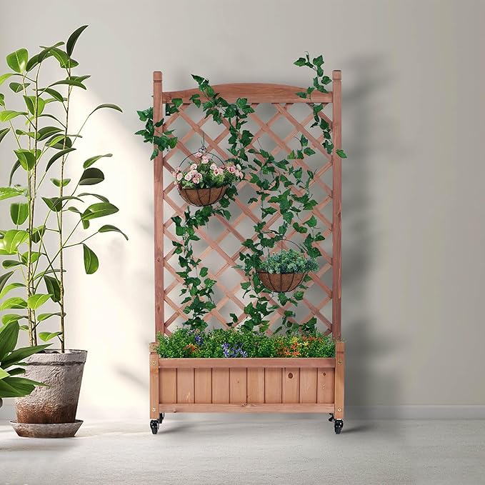 Metal Planter Box with Trellis 73-Inch Tall Raised Garden Bed with Wheels Privacy Screen Planter for Climbing Plants Vegetables &amp Vines Galvanized Steel Outdoor Privacy Shield Black (Wood 2-p