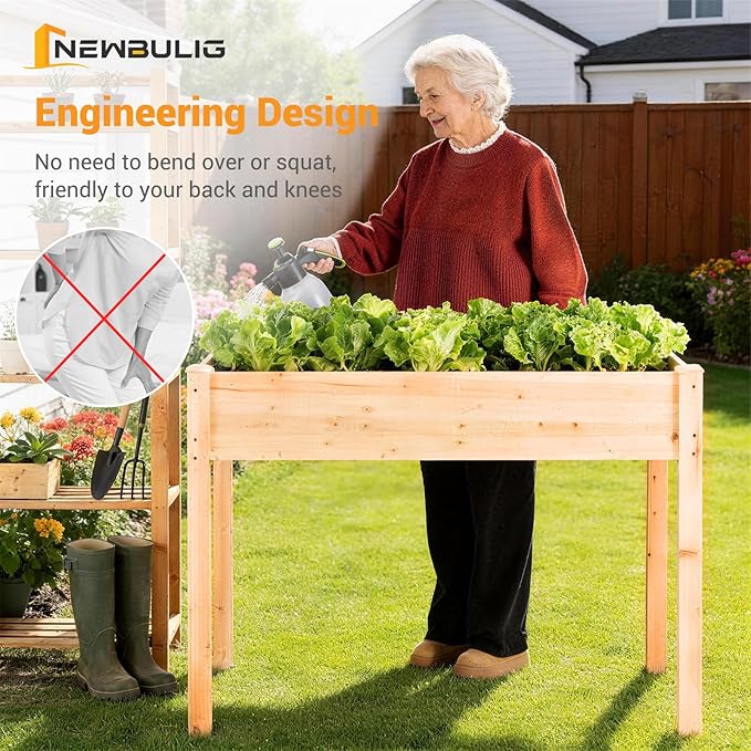 NEWBULIG Raised Garden Bed with Legs 48x24x30inElevated Wood Planter Box Stand for Outdoors Garden Balcony Courtyard Natural Wood 300 Pound Capacity for Planting Herbs Flowers Vegetables