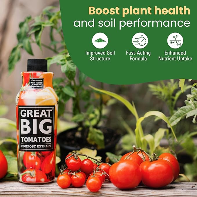 Great Big Tomatoes Soil &amp Fertilizer Booster for Big Vegetable Yields Better Fertilizer &amp Plant Food Efficiency &amp Garden Performance. Perfect for Beginners. 2.5 Gallon Concentrate (Makes