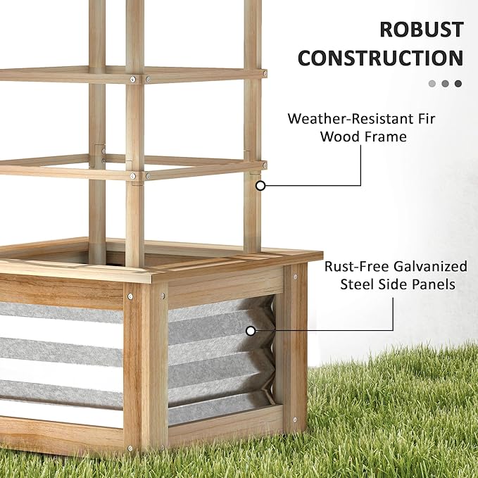 Outsunny Raised Garden Bed with Trellis Wooden Planter Box with Galvanized Steel Sides Raised Flower Bed for Climbing Plants Flowers Fruits and Vegetables Natural Wood