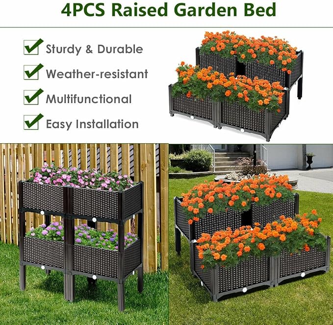 Set of 4 Raised Garden Beds w/Brackets Elevated Garden Bed Kit Patio Flower Plant Planter Box Container Indoor Outdoor Perfect for Porches Decks Balconies Yard Gardening Brown
