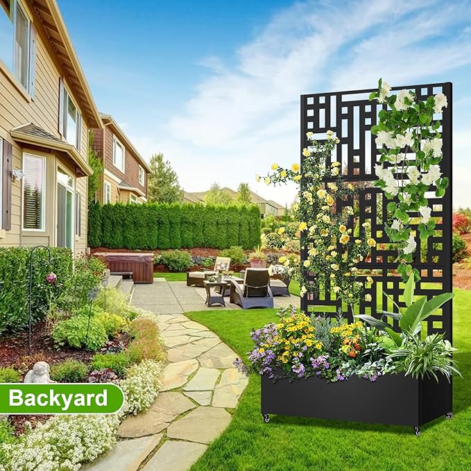 Metal Planter Box with Trellis 72x35x16 Metal Raised Garden Bed with Trellis Planter Box with Drainage Holes &amp Lockable Casters for Climbing Plants Vegetables and Vines