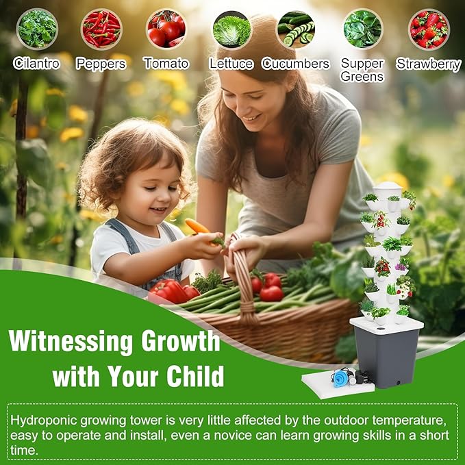 Garden Hydroponic Growing Tower 30 Pods Hydroponics Tower Aeroponics Grow Kit Aquaponics Planting with Hydrating Pump Adapter Net Pots Timer for H