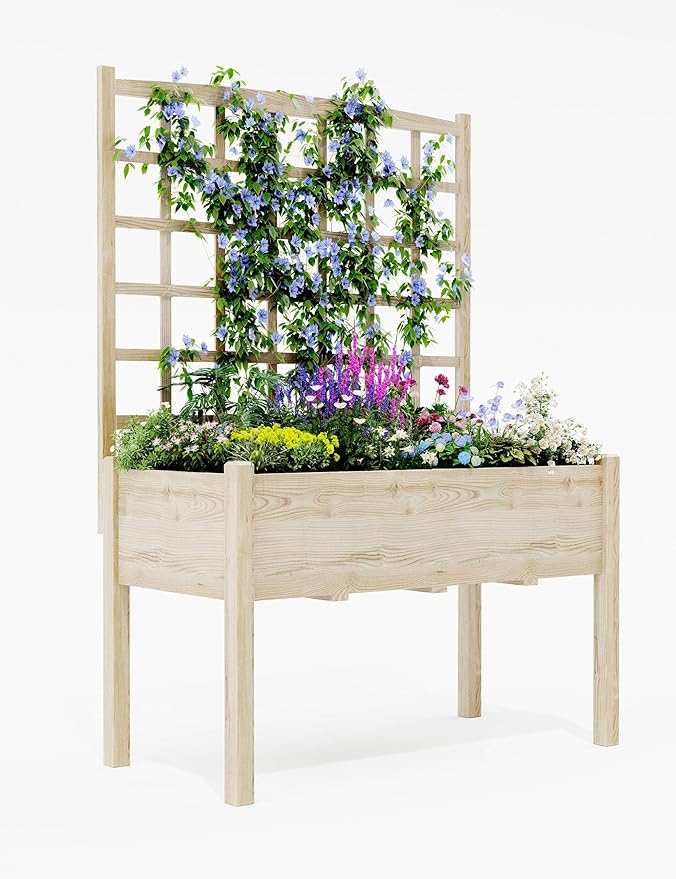 Raised Garden Bed with Trellis Elevated Planter Box with Legs For Backyard Patio Balcony w/Bed Liner Wood Standing Planter Stand for Climbing Plants Flowers Vegetables Herbs 46 in x23 in x65 in