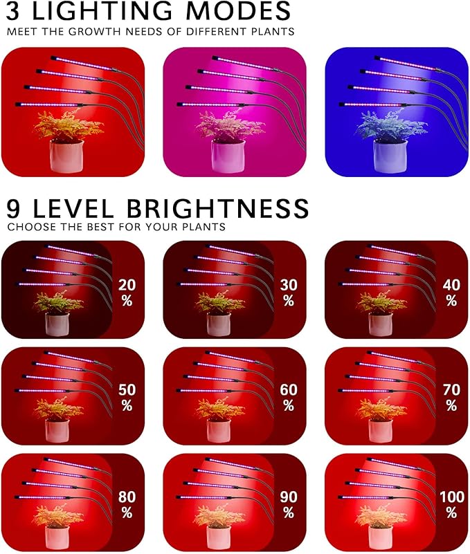 MEGHALI Tripod Four Head Grow Lights with Remote Control Timing Led Clip Plant Light Indoor Plant Lamp for Vegetable Succulent Herb Seedlings Garden