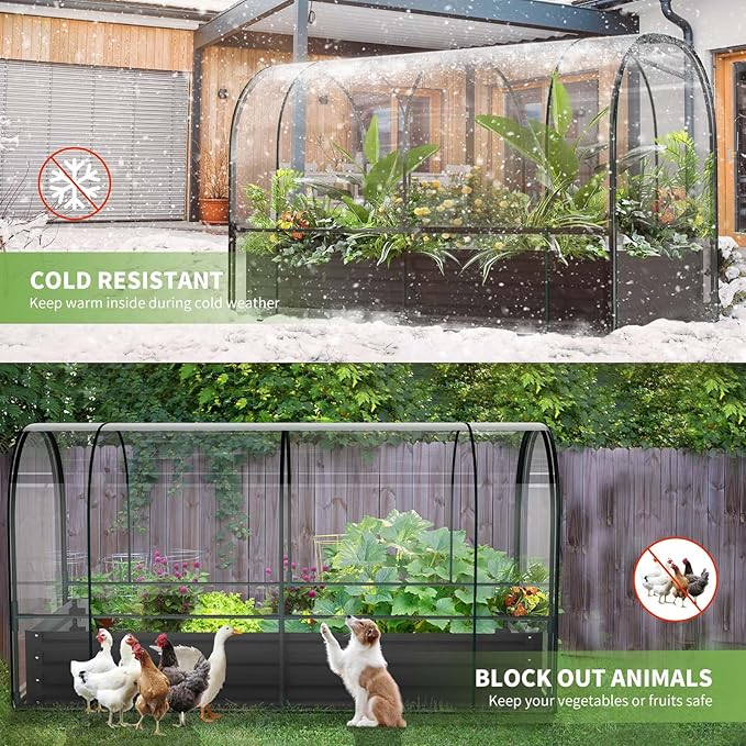 DoCred Galvanized Raised Garden Bed with PVC Cover 72.8 x 37.4 x 47.2 Metal Planter Bottomless Box w/ Roll-Up Window Mini Greenhouse Tent for Outdoor Growing Vegetables Flower Fruit