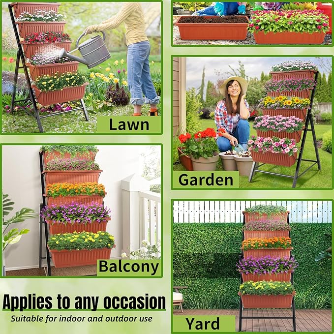 Homdox 3.74FT Vertical Garden Bed 5 Tiers Raised Garden Planter 23 * 26 * 45Inch Outdoor Stand with 4 Hooks for Vegetable Flower Patio Yard Brown
