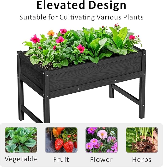 HDPE Raised Garden Planting Bed with LegsGarden Boxes Outdoor Raised with Drainage Hole Rot-ResistantRaised Beds for Gardening for Backyard Patio Balcony 300 lb Capacity (Black)