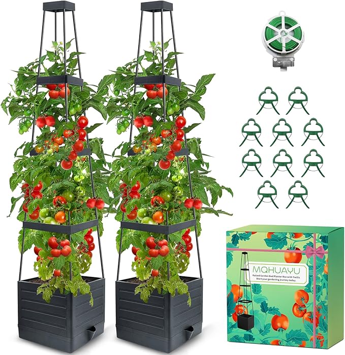 2-Pack Tomato Planter with Trellis 57 Self-Watering Raised Garden Bed Planter Box Tomato Cages for Indoor &amp Outdoor Climbing Plants Vines Vegetables and Flowers (57x9.8x9.8IN)