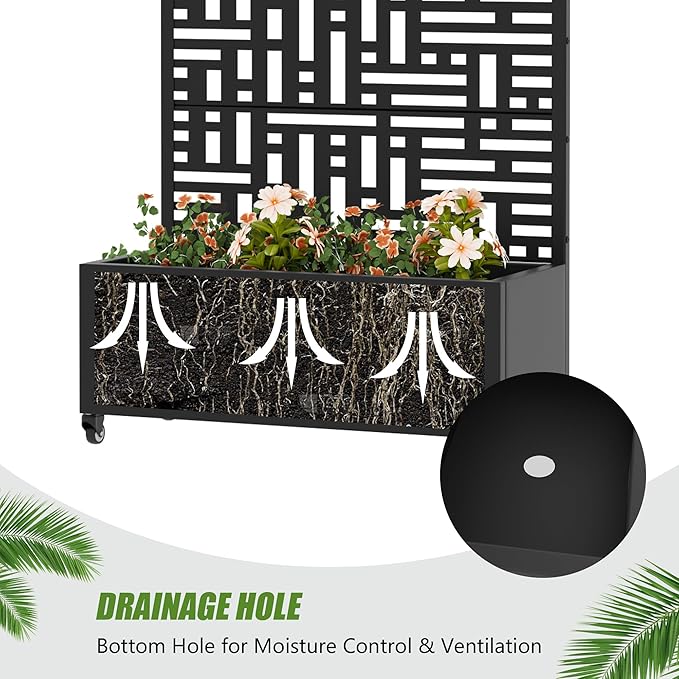Casaphoria 72x35 Metal Raised Garden Bed with Trellis(2 Pack) Outdoor Planter Box with Wheels &amp Drainage Holes for Climbing Plants Flowers Elevated Garden Kit with Privacy Screen Black-Helen