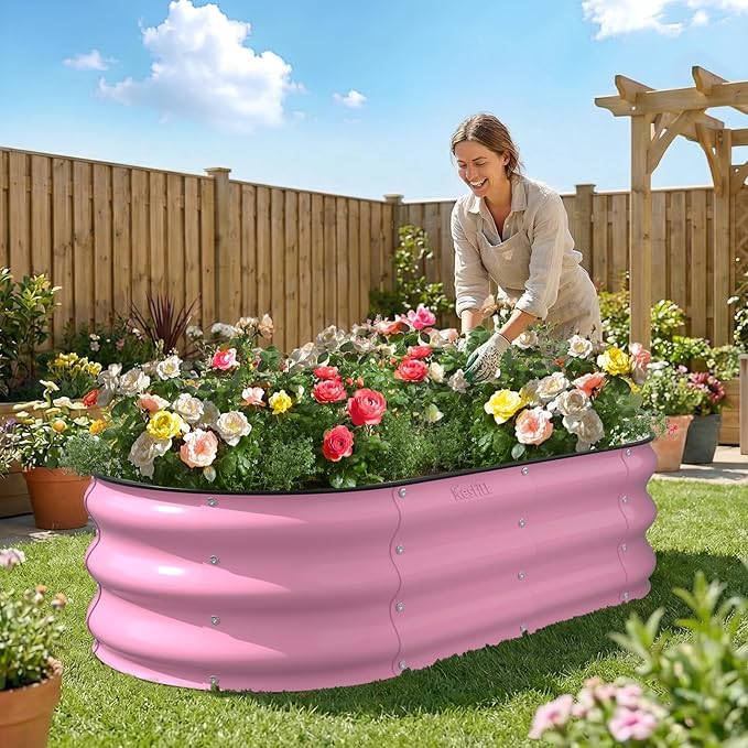 Kesfitt Raised Garden Bed 4x2x1 FT Galvanized Steel Metal Raised Garden Bed Oval Open-Bottom Design 12-Inch Deep for Outdoor Vegetable &amp Herb Gardening Blushing Pink