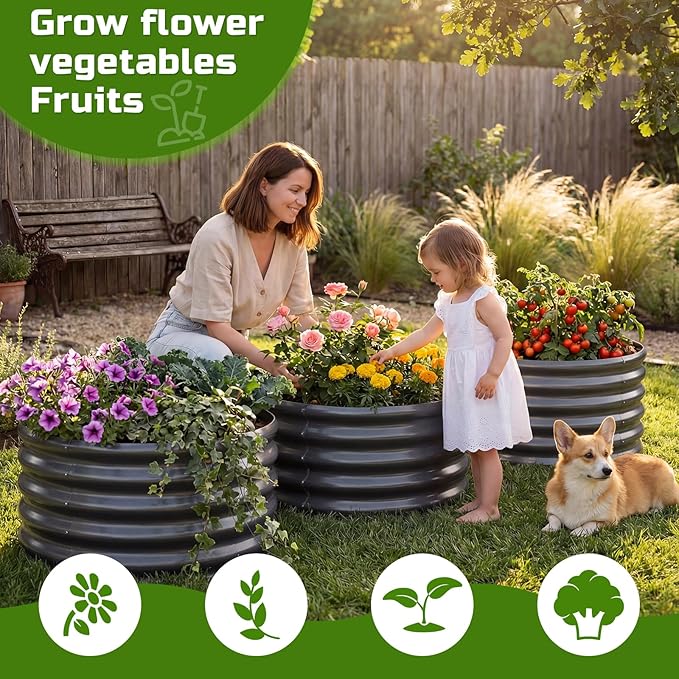 AHEONLAR 3PCS 2x2x2ft Galvanized Raised Garden Bed Kit Round Metal Flower Box Large Planter Raised Beds Outdoor Garden for PlantingFruitHerb Grey