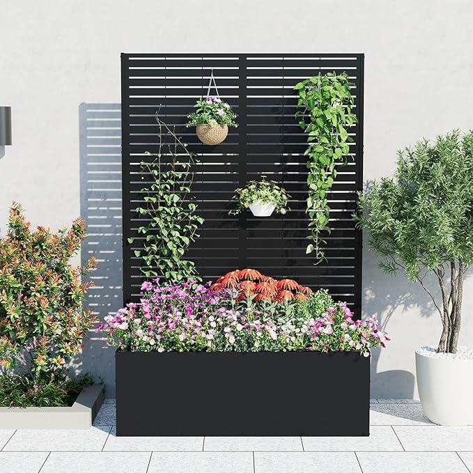 Garvee Metal Raised Garden Bed with Trellis 71x47x16 Metal Planter Box with Trellis Privacy Screen for Climbing Plants Vegetable Vines Drainage Holes 15.8 Deep Planting Bed Black