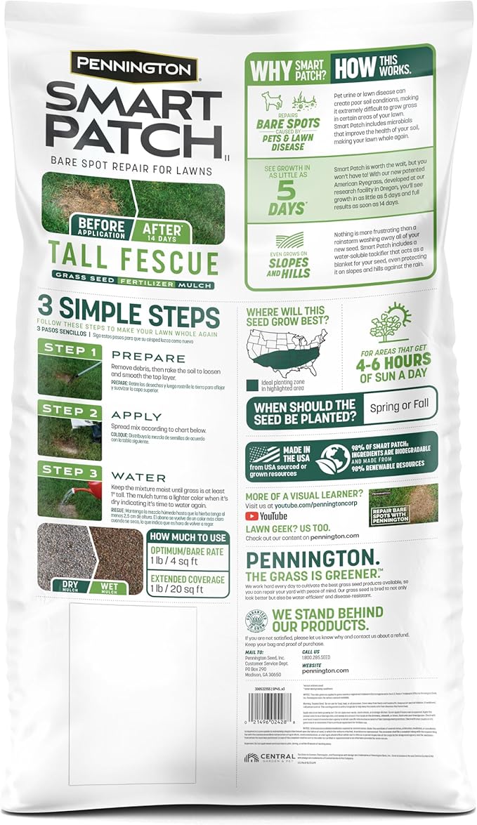 Pennington Smart Patch Tall Fescue 30lb 600 sq. ft. Grass Seed Bare Spot Repair with Mulch and Fertilizer