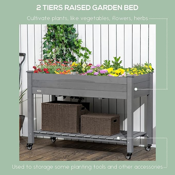 Raised Garden Bed 47 x 22 x 33 Elevated Wooden Planter Box with Lockable Wheels Storage Shelf and Bed Liner for Backyard Patio Dark Gray