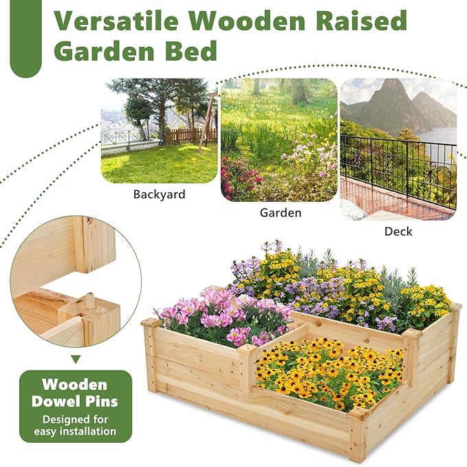 HAPPYGRILL 3-Tier Raised Garden Bed Wood Elevated Flower Box with Open-Ended Base &amp Plug-in Connector Outdoor Planter Raised Beds for Vegetables Herbs &amp Fruits
