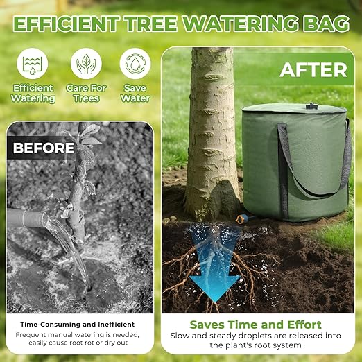 HIRALIY 15 Gallon Cylindrical Tree Watering Bag 2 Pack Slow Release 1-5 Days Deep Root &amp Automatic Drip Irrigation System for Multi-Trunk Newly Planted Small Trees and Shrubs
