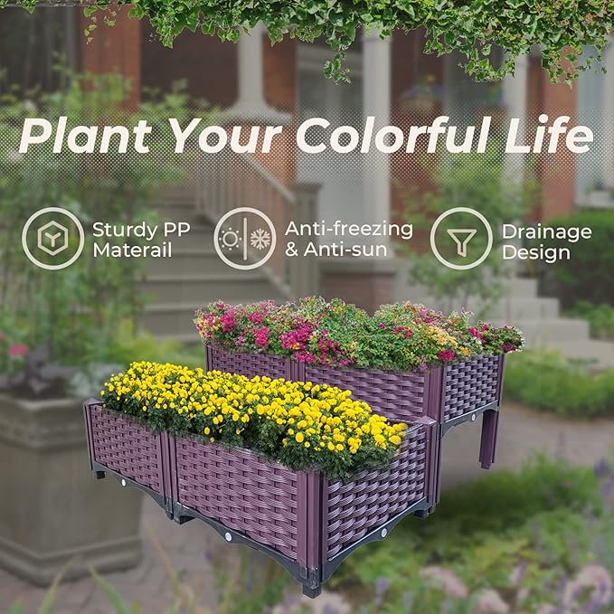 Doppy Plastic Raised Garden Bed Set of 4 Garden Bed Planter Kit for Outdoor Indoor Plants Elevated Garden Boxes Plant pots for Vegetables Standing Garden Container for Backyard Patio