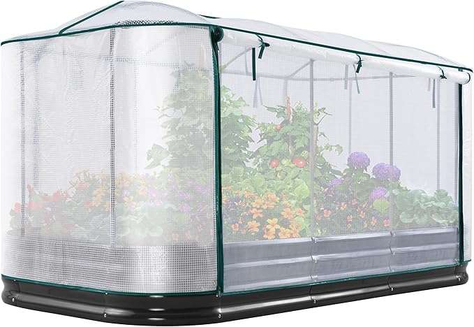 KING BIRD Raised Garden Bed with Cover Galvanized Oval Planter Garden Box Outdoor for Gardening Vegetables Flowers 94.5x47.2x11.8 in White