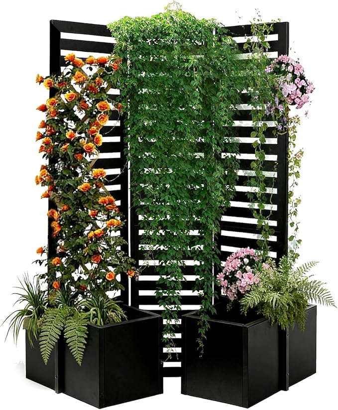 Freestanding Privacy Screen with Planter Box 3-Panel Garden Metal Fence 51x70x31 Inch Tall Outdoor Divider with 4 Self-Draining Raised Garden Beds for Patio Deck Backyard