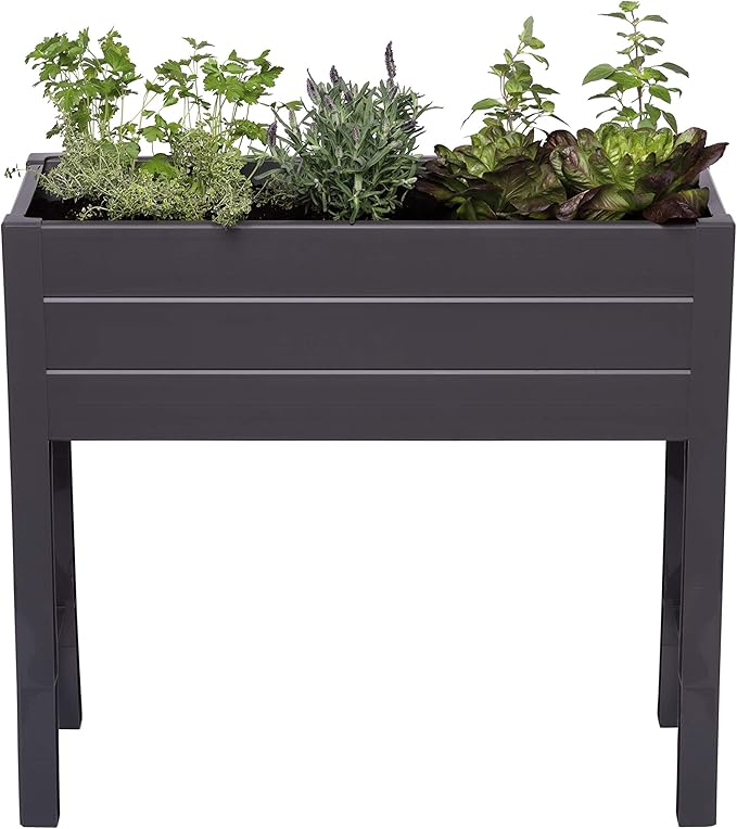 NuVue Products 26021 Outdoor Elevated Garden Bed for Growing Edible Plants and Flowers BPA-Free Woodgrain Panel Elevated Planter Box 35.5” L x 15” W x 32” H Dark Gray