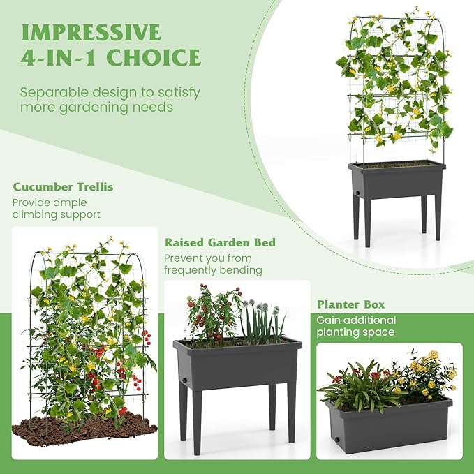 Happygrill Raised Garden Bed with Trellis 4 in 1 Self-Watering Planter w/Water Level Observer Drainage Holes Climbing Net &amp Detachable Legs Garden Cucumber Planter for Vegetables Flowers