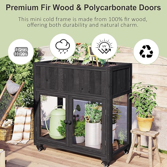 Christopher Knight Home Belfast Small Patio Cold Frame Fir Wood Greenhouse Compact 2 Doors Garden Greenhouse with Wheels Raised Bed with Liner Cold Frame Potting Cabinet for Balcony Yard Black