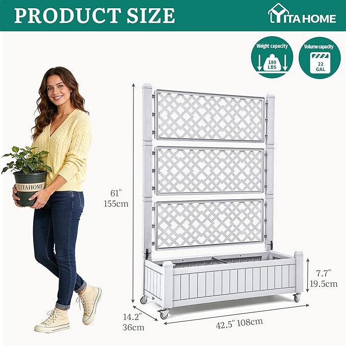 YITAHOME 42.5x14.2x61 in Planter Box with Trellis/Outdoor Privacy Screen All-Weather Raised Garden Bed with Wheels &amp Drain Plug for Climbing Plants Flowers Herbs White