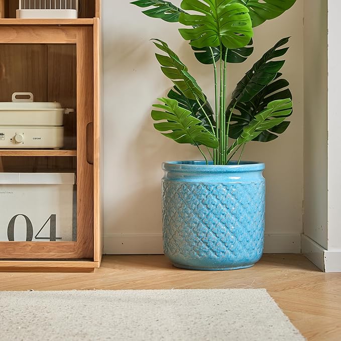 Handmade Ceramic Flower Pot Set of 3 15129 Inch Diameter Blue with Geometric Pattern for Orchids IndoorOutdoor Use on Windowsill Bookshelf Breathable Clay