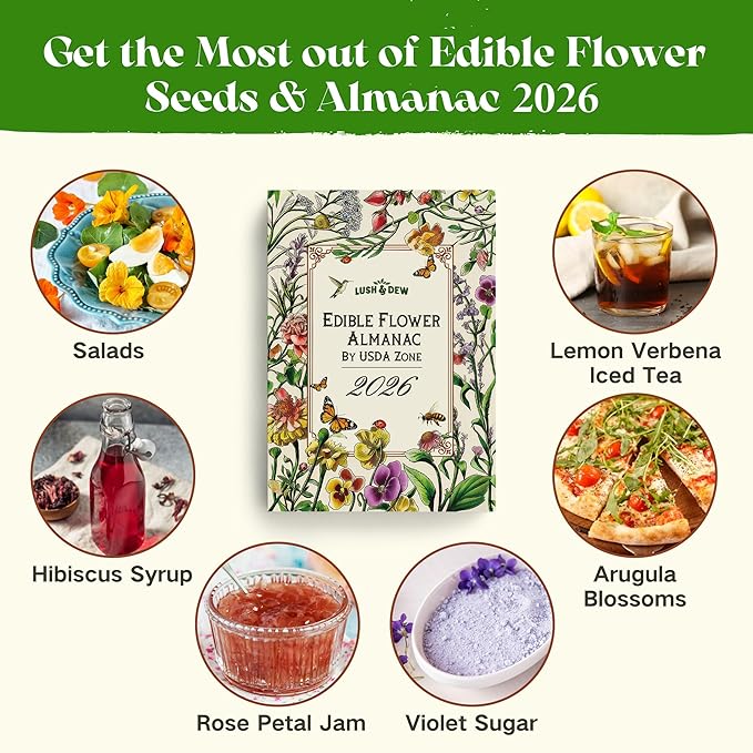 Lush&ampDew Edible Flower Seed Bank with Almanac Gardening Gifts for Women Men 32 Types 30000+ Non-GMO Heirloom Seeds for Planting Culinary Flowers Survival Seed Kit Annual Perennial Zone 3-11