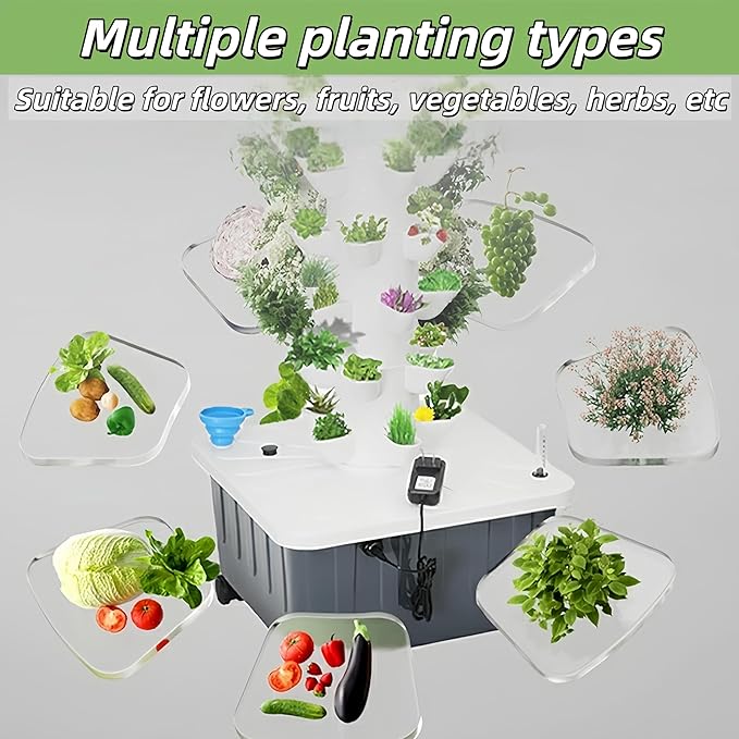 Vertical Hydroponics Growing SystemAeroponic Grow Tower for Herbs Fruits and Vegetables 14 Layer 70 Plants Sites with Movable Water Tank Hydrating Pump Timer Adapter