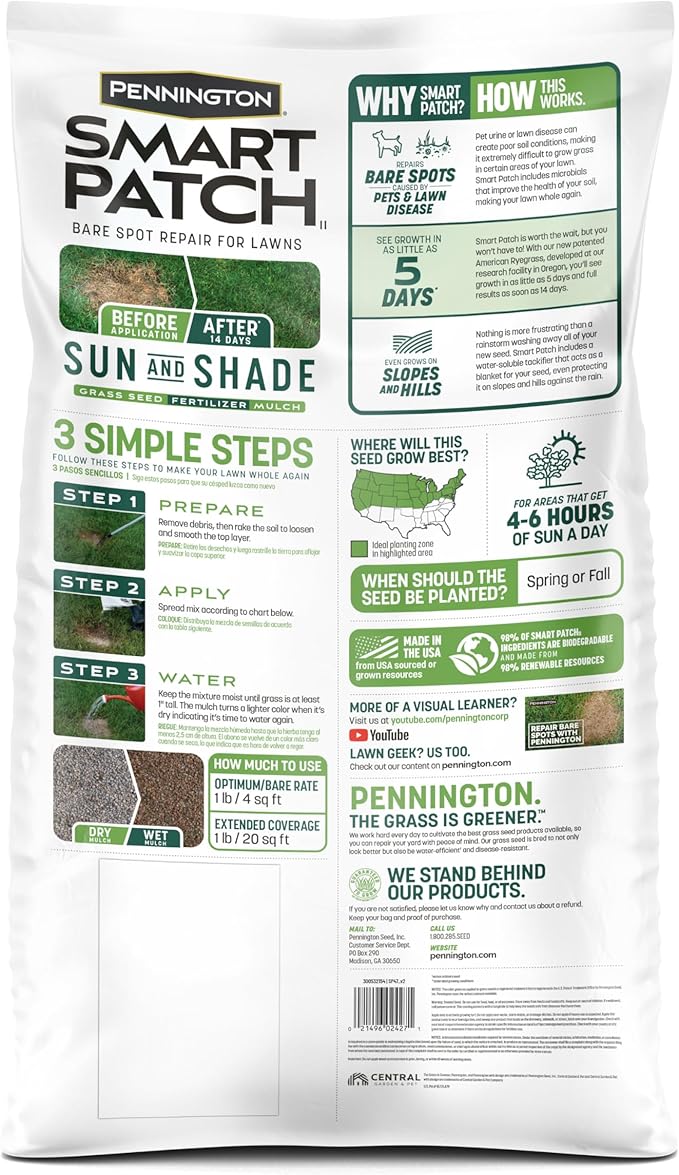 Pennington Smart Patch Sun &amp Shade North 30lb 600 sq. ft. Grass Seed Bare Spot Repair with Mulch and Fertilizer