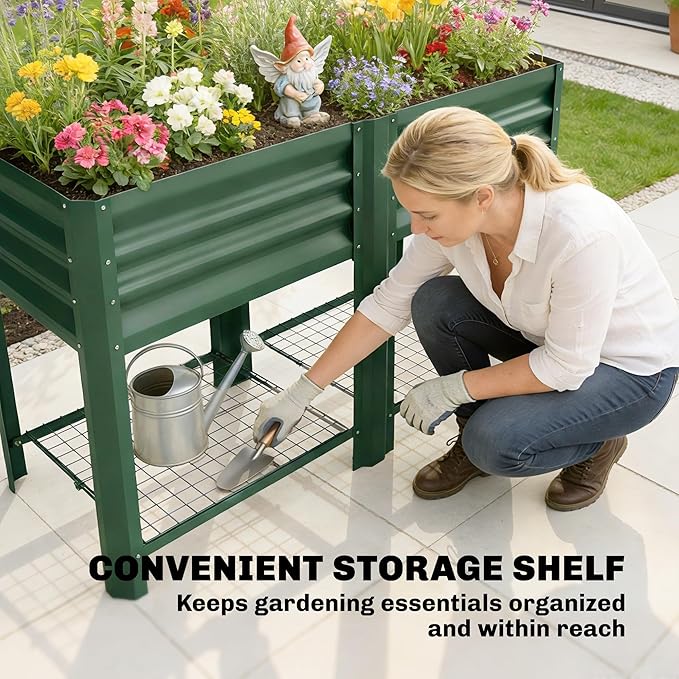 Outsunny Galvanized Steel Raised Garden Bed with Storage Shelf and Bed Liner Elevated Planter Box with Legs for Flowers Vegetables and Herbs for Outdoor Patio Yard Glove Included Green