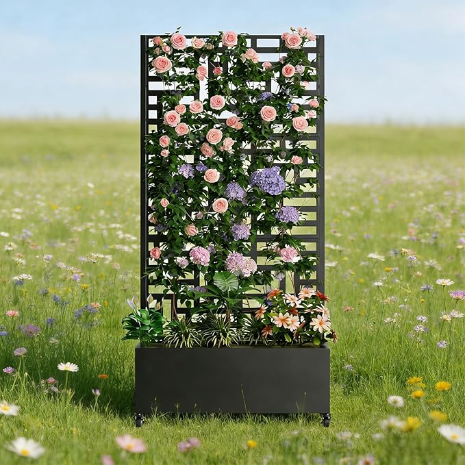 Sturdy 47x16x73 Inch Galvanized Steel Raised Garden Bed with Trellis Metal Planter Box on Wheels for Patio Privacy Screen 12 Inch Deep Root Mobile Vertical Garden Planter for Climbing Plants (M1)