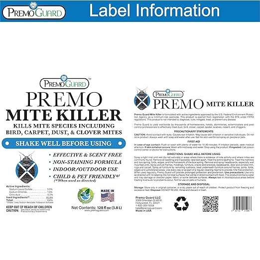 Premo Guard Natural Mite Spray – Large 128 oz Bottle – Plant Based Treatment for Dust Spider Carpet Bird Rat Mites – Safe for Families Pet Home Bedding &amp Furniture When Used As Directed