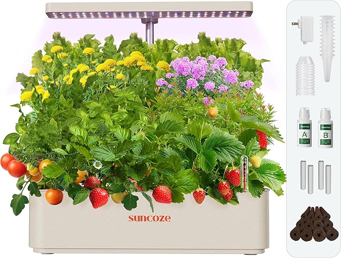 SUNCOZE Hydroponics Growing System Kit 12 Pods 24W LED Grow Light Indoor Garden 4L Water Tank with Quiet Pump Adjustable Height Herb Garden Planter Indoor Kit Gardening Gifts Beige